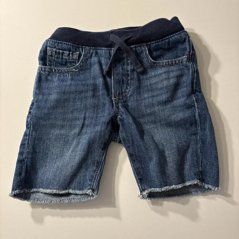 Baby Gap Boys Denim Shorts 5T Raw Hem Drawstring Waist Dark Wash 100% Cotton